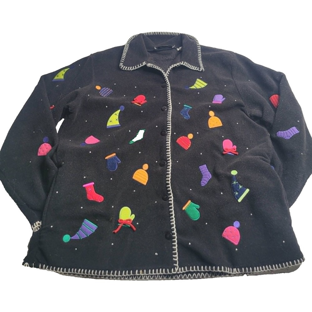 Marisa Christina Black Button Down Cardigan Winter Themed Applique Women's Large